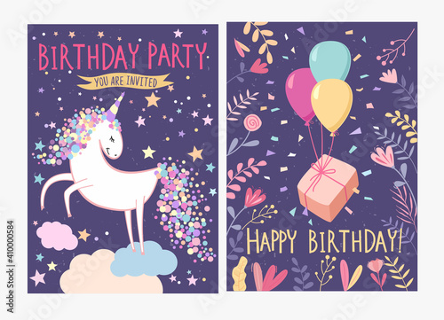 Set of Happy birthday card and party invitation with unicorn and gift box