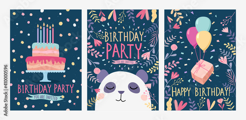 Set of Happy birthday card and party invitation with cute panda bear, cake wi...