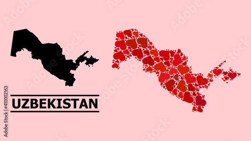 Love collage and solid map of Uzbekistan on a pink background. Collage map of Uzbekistan is composed with red lovely hearts. Vector flat illustration for love conceptual illustrations.