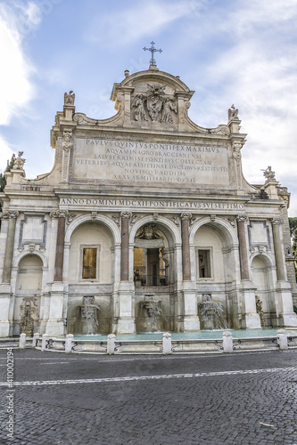 Monumental Fontana dell’Acqua Paola, or Il Fontanone ("The big fountain", 1612) on Janiculum Hill in Rome. It was first major fountain on right bank of River Tiber. Rome, Italy.