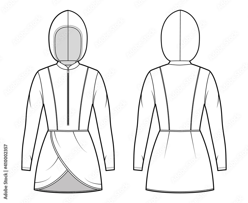 Modest hijab tunic technical fashion illustration with zip henley neck, long sleeves, fitted body, petals hem, hood. Flat shirt top template front, back, white color. Women men unisex CAD mockup Modest hijab tunic technical fashion illustration with zip henley neck, long sleeves, fitted body, petals hem, hood. Flat shirt top template front, back, white color. Women men unisex CAD mockup