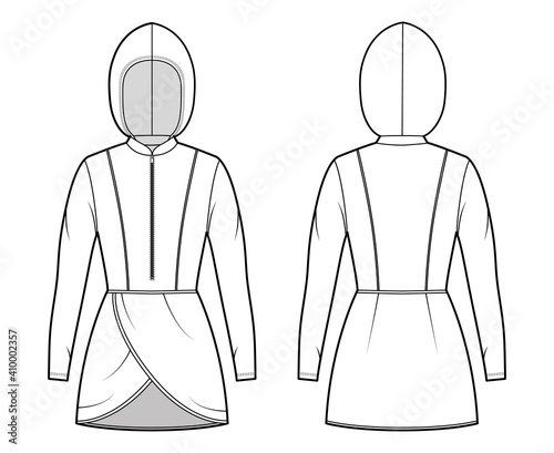 Modest hijab tunic technical fashion illustration with zip henley neck, long sleeves, fitted body, petals hem, hood. Flat shirt top template front, back, white color. Women men unisex CAD mockup