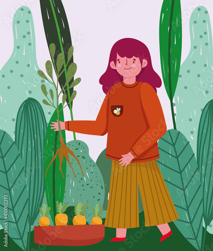 gardening, girl with carrot plantation plant and nature foliage