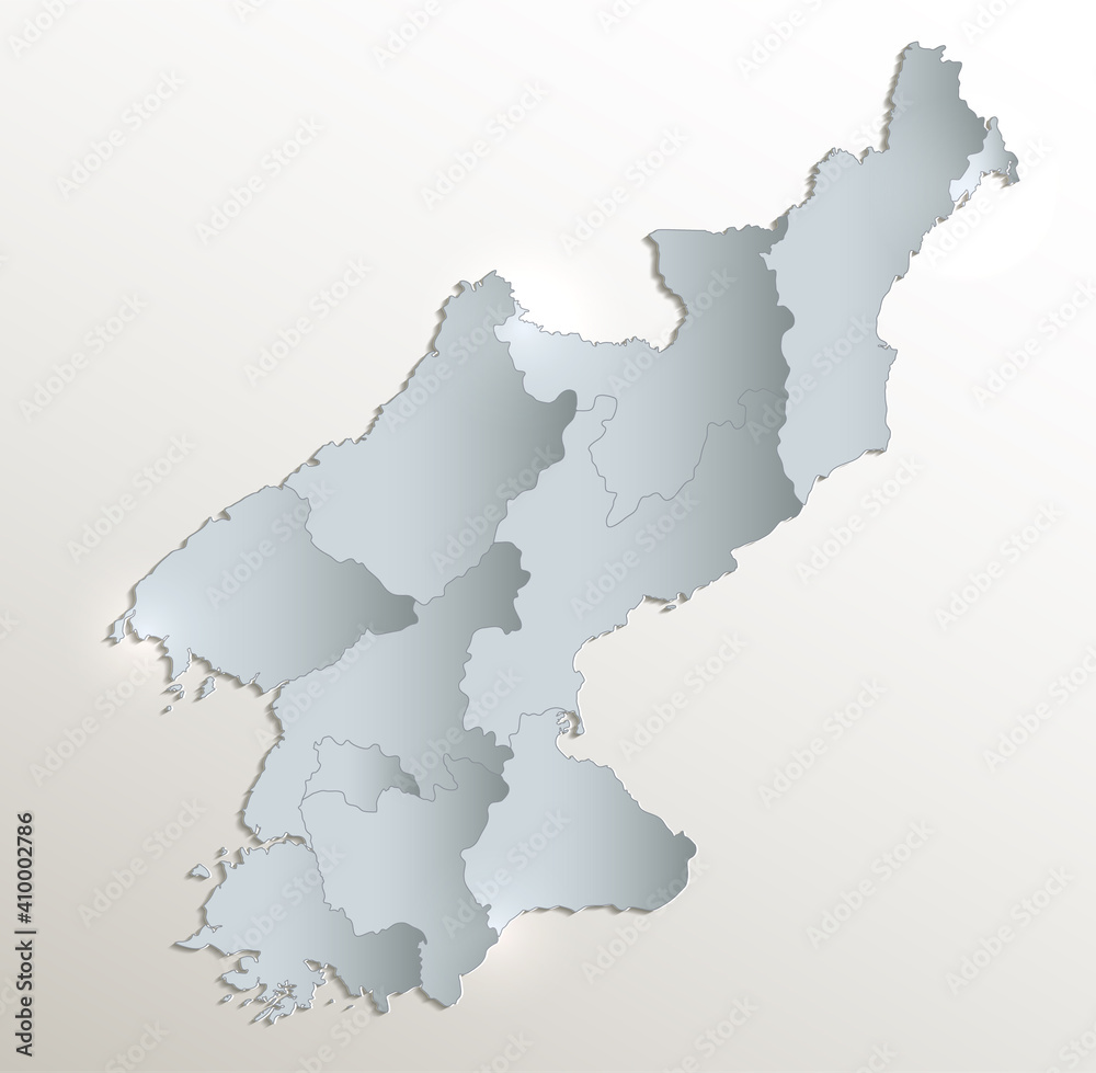 North Korea map, Democratic Peoples Republic of Korea, administrative division, white blue card paper 3D blank