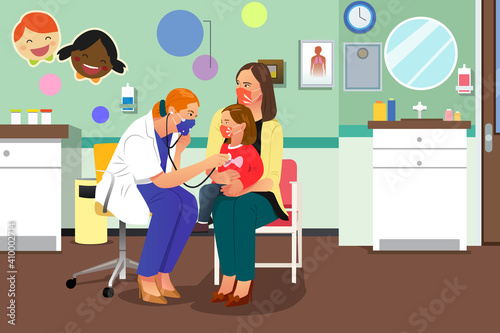 Doctor Checking on a Kid Wearing Mask Illustration