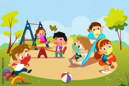 Children Playing in Playground During Pandemic Illustration