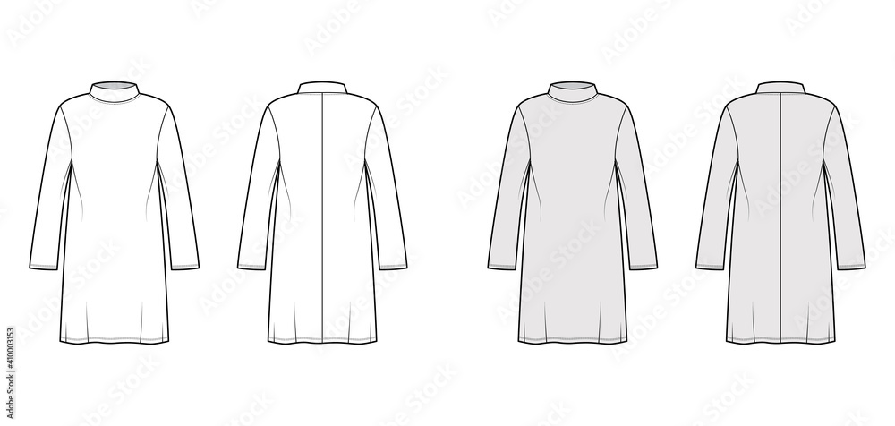 Tunic sweater technical fashion illustration with stand-away collar, long sleeves, oversized, knee length. Flat modest shirt apparel top template front, back, white, grey color. Women men CAD mockup Tunic sweater technical fashion illustration with stand-away collar, long sleeves, oversized, knee length. Flat modest shirt apparel top template front, back, white, grey color. Women men CAD mockup