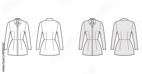Shirt dress technical fashion illustration with classic regular collar, mini length, fitted body, Pencil fullness, button up. Flat apparel template front, back, white, grey color. Women men CAD mockup