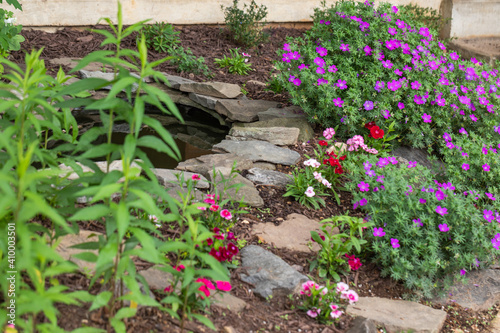 Fotografie Hardy cranesbill perennial geraniums and annual dianthus flowers in bloom in a p