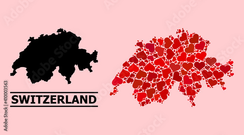 Love collage and solid map of Switzerland on a pink background. Collage map of Switzerland is designed from red hearts. Vector flat illustration for love concept illustrations.