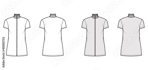 Turtleneck zip-up dress technical fashion illustration with short sleeves, mini length, oversized, Pencil fullness. Flat apparel template front, back, white, grey color. Women, men, unisex CAD mockup