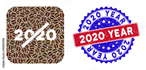 Vector mosaic no 2020 year and grunge bicolor 2020 Year stamp. Mosaic no 2020 year constructed as hole from rounded square with coffee beans.
