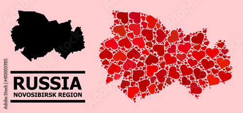 Love mosaic and solid map of Novosibirsk Region on a pink background. Collage map of Novosibirsk Region formed with red love hearts. Vector flat illustration for love abstract illustrations.