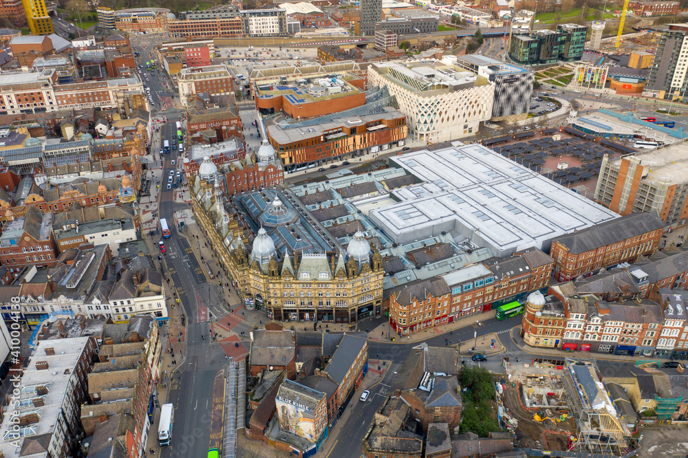 Aerial drone photo of the Leeds Kirkgate Market from above showing the large market and busses in the Leeds city centre West Yorkshire in the UK