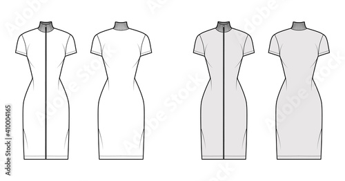 Turtleneck zip-up dress technical fashion illustration with short sleeves, knee length, fitted body, Pencil fullness. Flat apparel template front, back, white, grey color. Women, men unisex CAD mockup