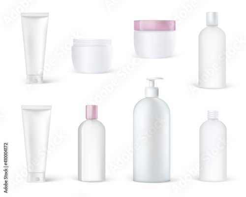 Realistic cosmetic packaging mockup. Bath soap, foam, shampoo, skin care jar. Cosmetic plastic containers and boxes, realistic high detailed.