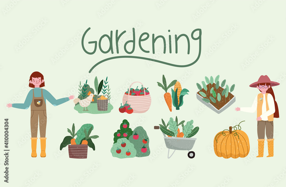 Fototapeta premium gardening boy girl gardener wheelbarrow plants vegetables