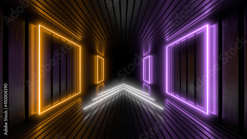 Fototapeta Naklejka Na Ścianę i Meble -  Sci Fy neon lamps in a dark tunnel. Reflections on the floor and walls. 3d rendering image.