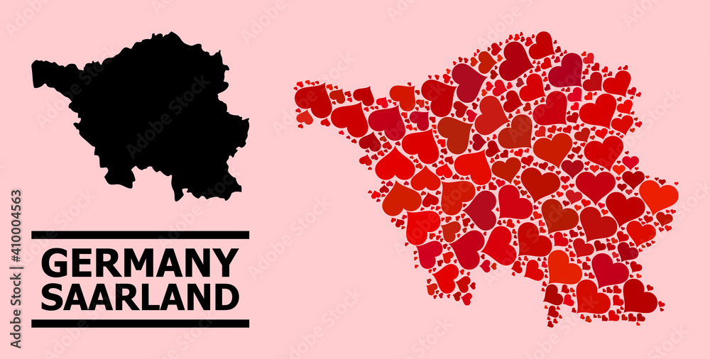 Obraz premium Love mosaic and solid map of Saarland State on a pink background. Collage map of Saarland State is formed with red lovely hearts. Vector flat illustration for love concept illustrations.