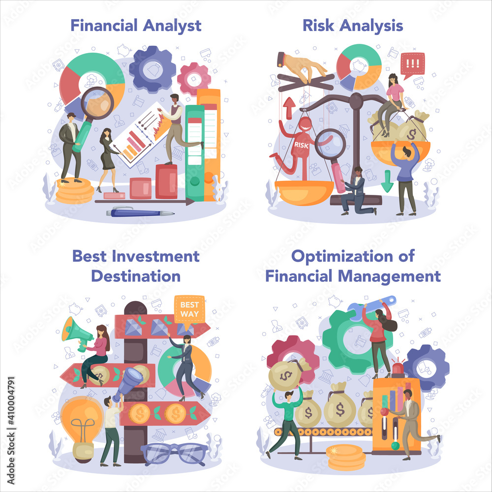 Financial analyst or consultant set. Business character making financial Financial analyst or consultant set. Business character making financial