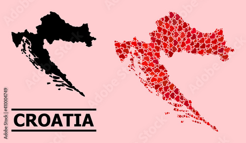 Love mosaic and solid map of Croatia on a pink background. Mosaic map of Croatia is formed with red love hearts. Vector flat illustration for dating conceptual illustrations.