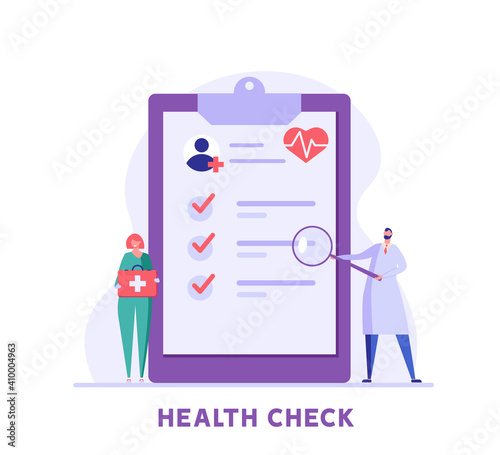 Health Check Up Concept Web Banner. Medical Doctor Examining or Checking Patient. Concept of Healthcare, Health Insurance, Medical Report. Vector illustration for Web Design