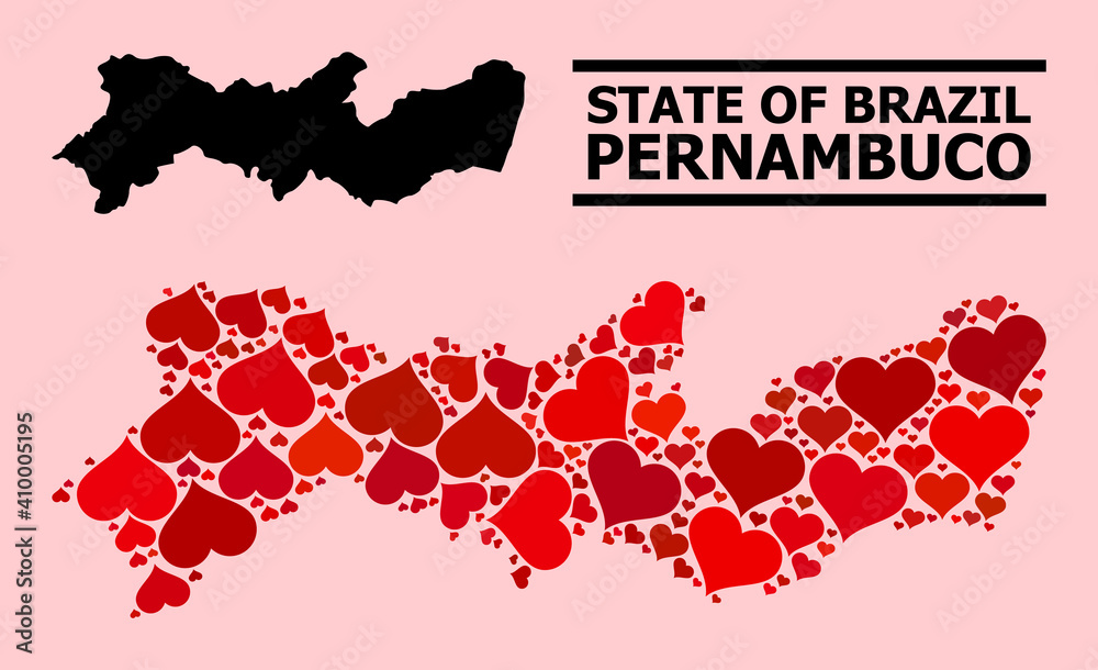 Love mosaic and solid map of Pernambuco State on a pink background. Mosaic map of Pernambuco State created from red love hearts. Vector flat illustration for love abstract illustrations.