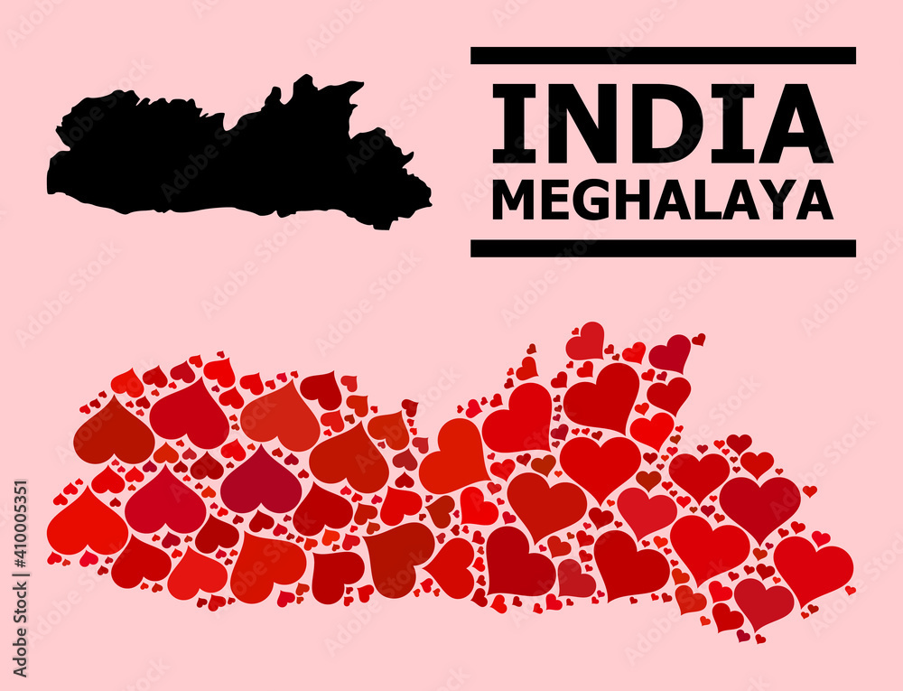 Love pattern and solid map of Meghalaya State on a pink background. Collage map of Meghalaya State is composed with red love hearts. Vector flat illustration for love conceptual illustrations.