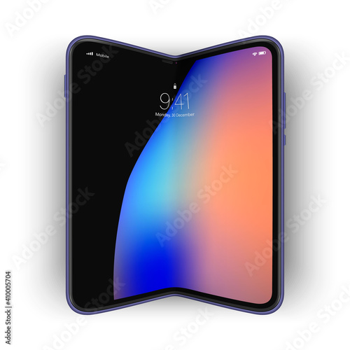 Trendy flexible phone, future device concept. Foldable gadget with colorful curved screen.
