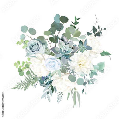 Silver sage green, mint, blue, white flowers vector design spring bouquet.