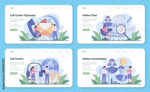 Call center or technical support web banner or landing page set.