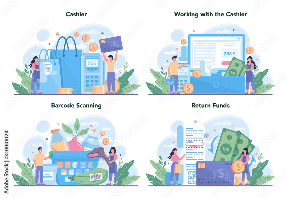 Cashier concept set. Worker behind the cashier counter in the supermarket,