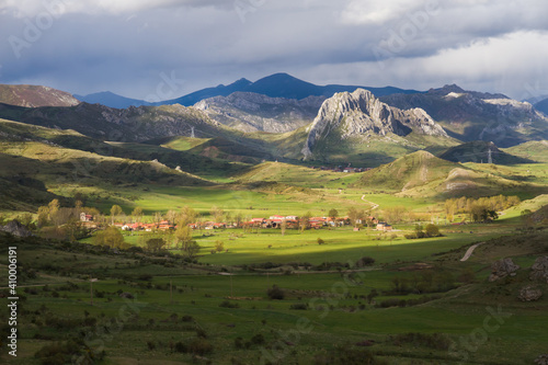 Small Mountain Town (Cubillas de Arbas) in a beautiful valley with green spring meadows. Leon province, Spain photo