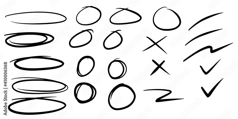 Set of hand drawn circles, crosses and okay mark. Vector round circles ...