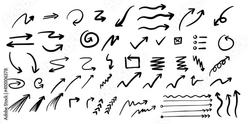 Vector doodle design elements. Hand drawn arrows, frames, borders, icons and symbols. Cartoon style infographics elements.