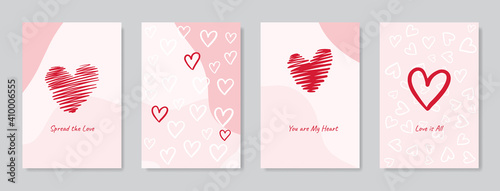 Valentine`s Day cards set with hand drawn hearts. Doodles and sketches vector vintage illustrations, DIN A6. Valentine's day concept posters set. Vector illustration. 3d red and pink paper hearts