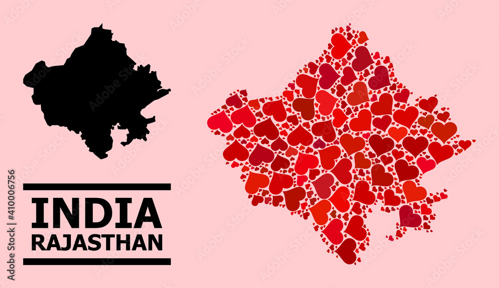 Love mosaic and solid map of Rajasthan State on a pink background. Mosaic map of Rajasthan State is composed with red love hearts. Vector flat illustration for love concept illustrations. Love mosaic and solid map of Rajasthan State on a pink background. Mosaic map of Rajasthan State is composed with red love hearts. Vector flat illustration for love concept illustrations.