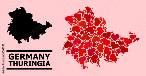 Love mosaic and solid map of Thuringia State on a pink background. Mosaic map of Thuringia State is formed with red lovely hearts. Vector flat illustration for love concept illustrations.