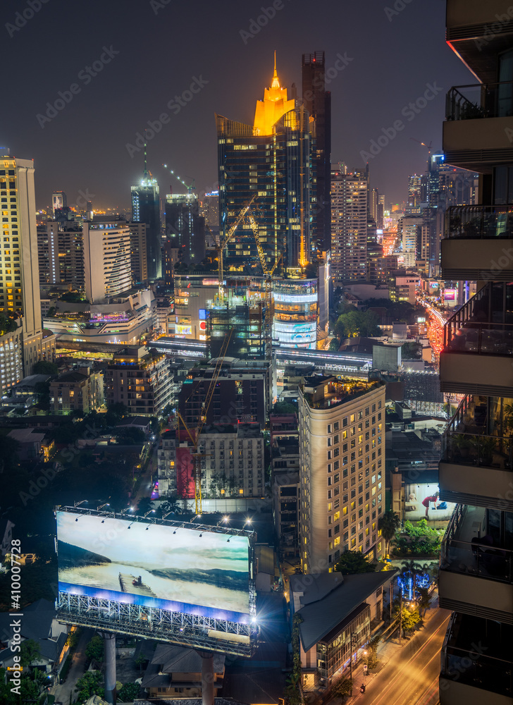 Dense City Skyline of Bangkok, Thailand at Night