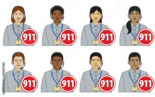 diversity, race, ethnicity of 911 operator, dispatcher vector icons, male and female, wearing headset with 911 sign, isolated on a white background