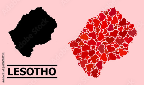 Love pattern and solid map of Lesotho on a pink background. Collage map of Lesotho designed from red lovely hearts. Vector flat illustration for love concept illustrations.