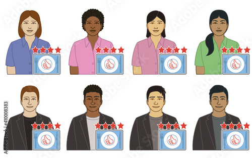 diversity, race, ethnicity of food and restaurant critic vector icons, male and female, with 4-star and thumbs-up rating, isolated on a white background