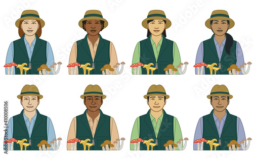 diversity, race, ethnicity of mycologist, biologist vector icons, male and female, with mushrooms, isolated on a white background