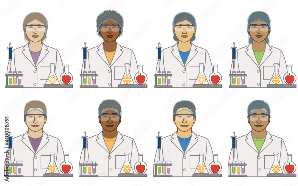 diversity, race, ethnicity of food technician, technologist, scientist vector icons, male and female, with beakers and test tubes, isolated on a white background diversity, race, ethnicity of food technician, technologist, scientist vector icons, male and female, with beakers and test tubes, isolated on a white background