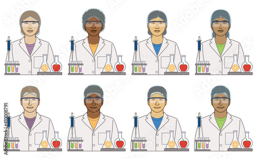 diversity, race, ethnicity of food technician, technologist, scientist vector icons, male and female, with beakers and test tubes, isolated on a white background