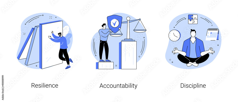 Personal quality abstract concept vector illustration set. Resilience, accountability and discipline, mental strength, psychological flexibility, decision making, leadership role abstract metaphor.