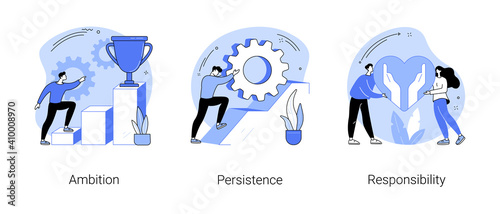 Goal achievement abstract concept vector illustration set. Ambition, persistence and responsibility, making fast career, self-confident, motivation and determination, success abstract metaphor.