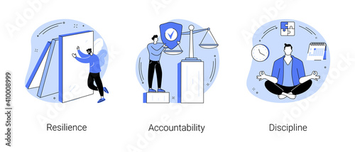 Personal quality abstract concept vector illustration set. Resilience, accountability and discipline, mental strength, psychological flexibility, decision making, leadership role abstract metaphor.