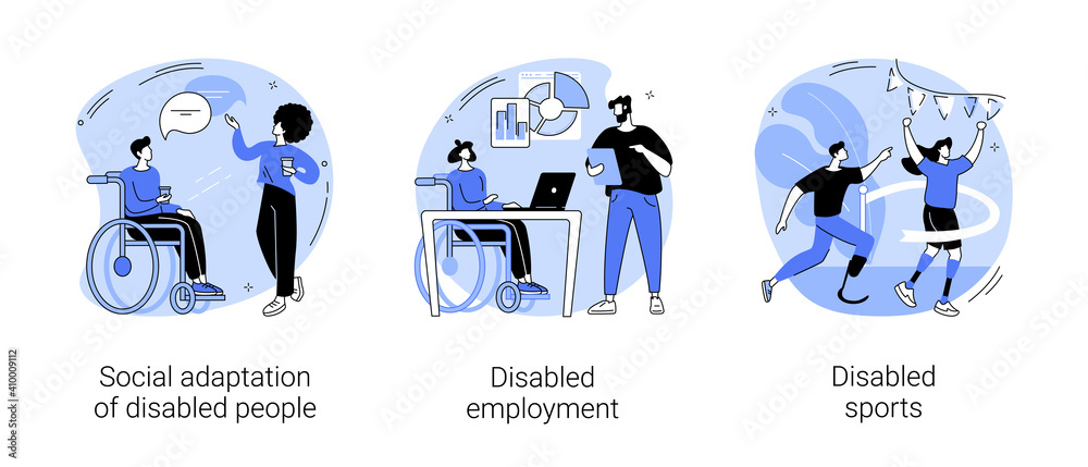 Vecteur Stock Inclusive social environment abstract concept vector  illustration set. Social adaptation of disabled people, disabled  employment, sports with physical disabilities, wheelchair abstract  metaphor. | Adobe Stock