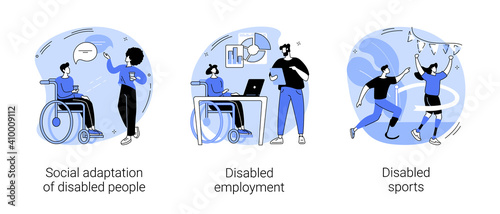 Inclusive social environment abstract concept vector illustration set. Social adaptation of disabled people, disabled employment, sports with physical disabilities, wheelchair abstract metaphor.